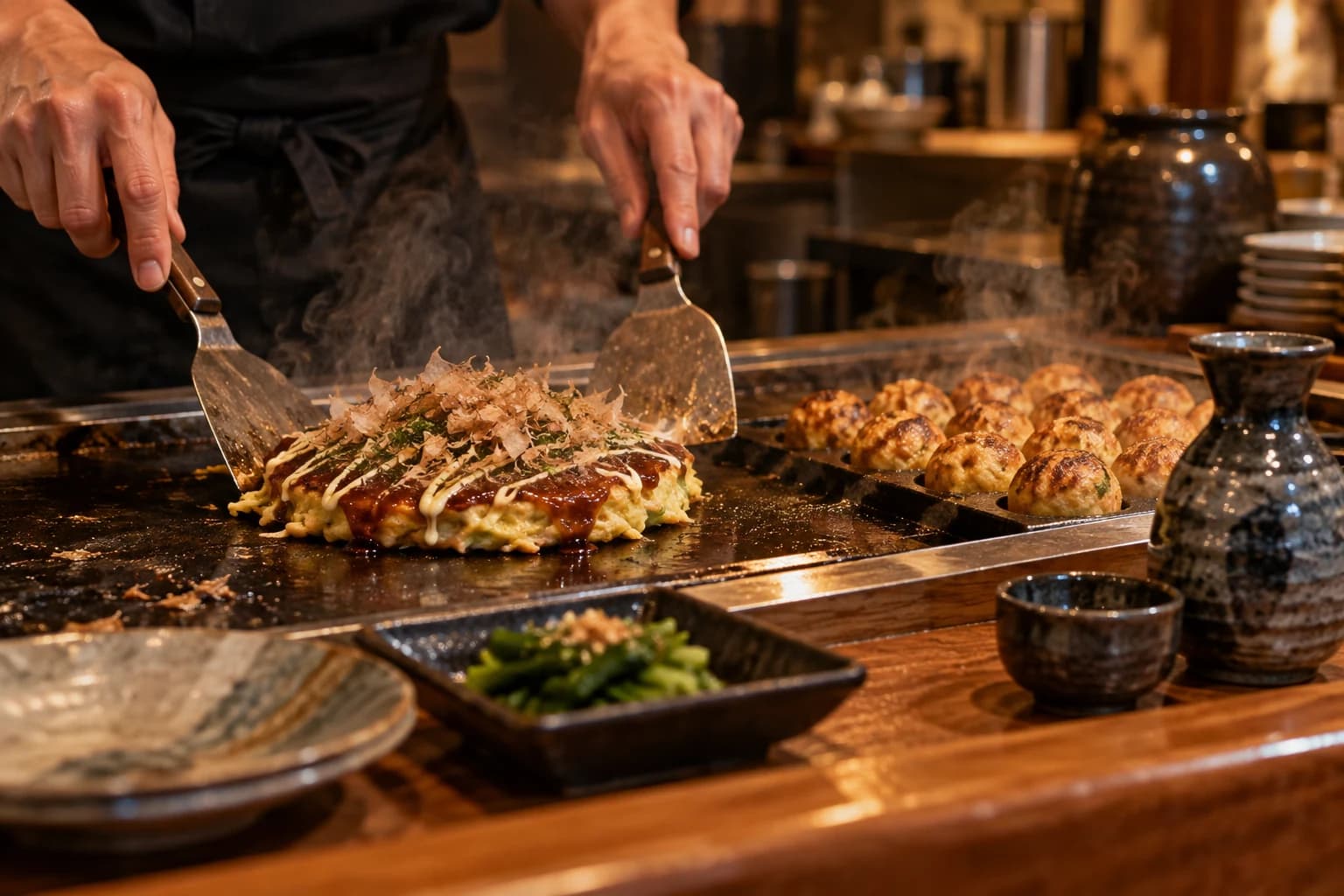 Imagen editorial de la preparación de okonomiyaki y takoyaki