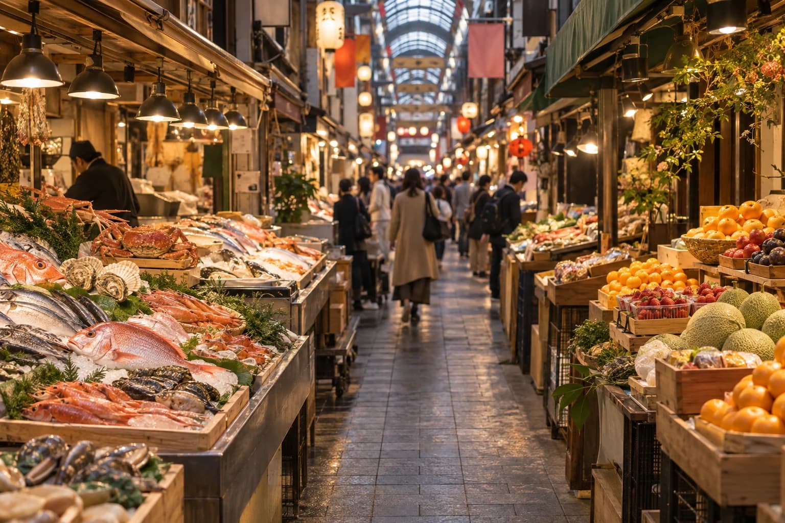 Imagen editorial inspirada en un mercado cubierto de Osaka